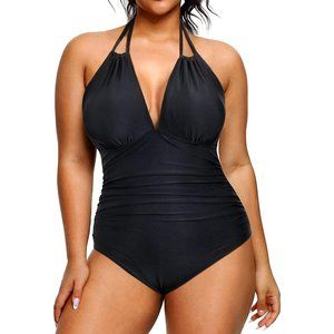 Women's Black One Piece Tummy Control Sexy Halter Swimwear